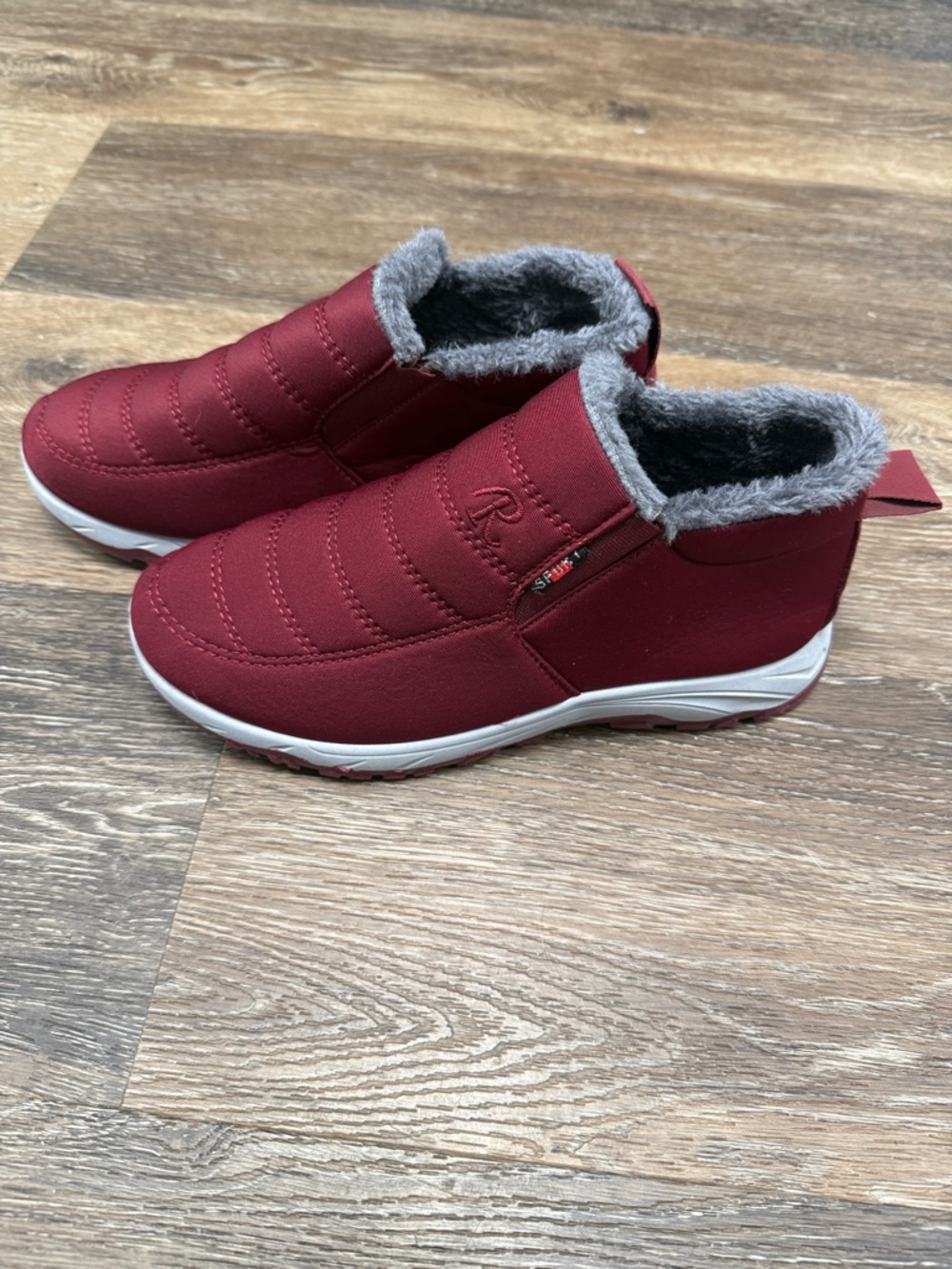 Burgundy Slip-On Quilted Shoes with Gray Faux Fur